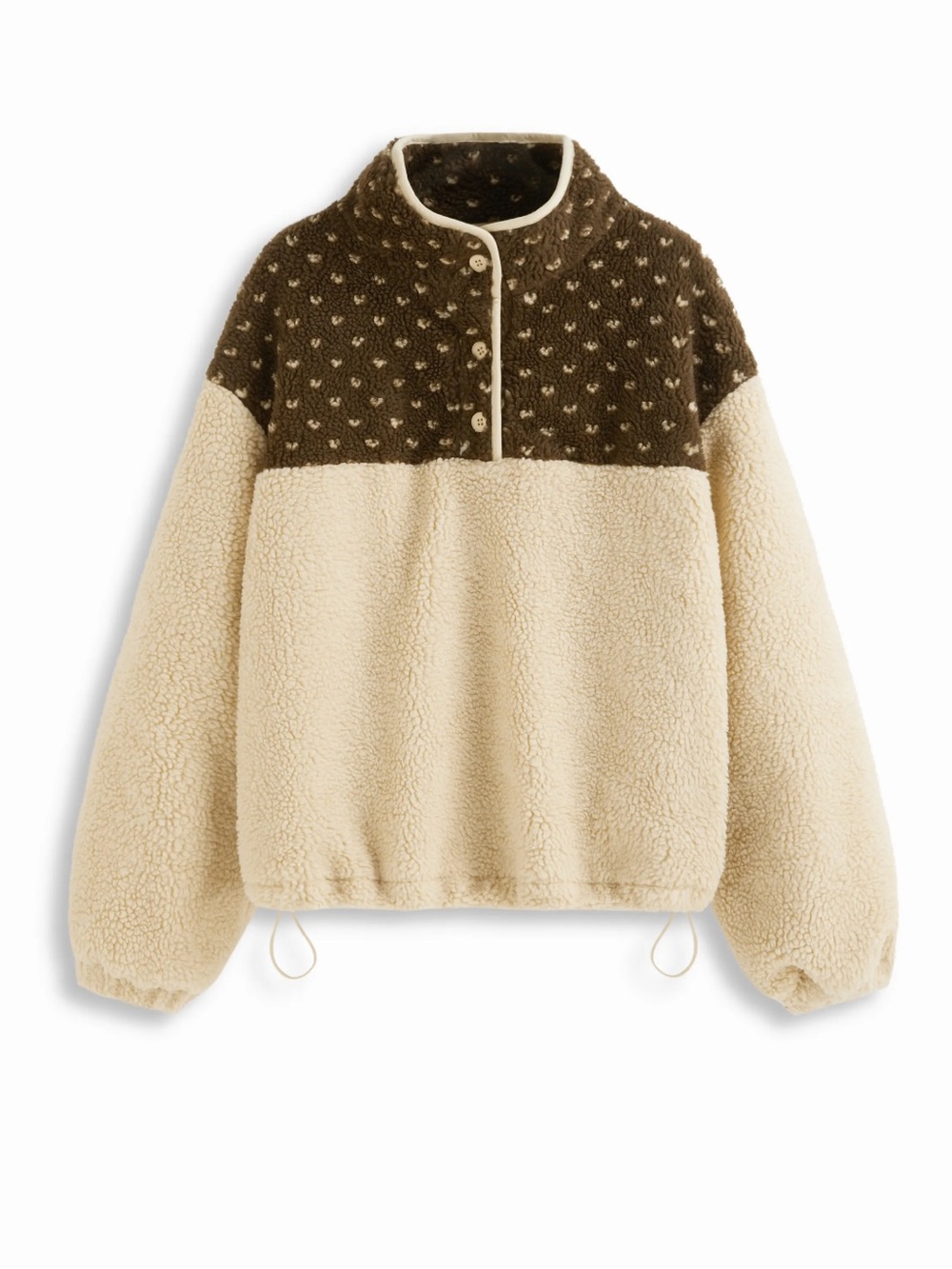 NWT CIDER FLEECE STAND COLLAR TWO TONE PATCHY DRAWSTRING OVERSIZED SWEATSHIRT